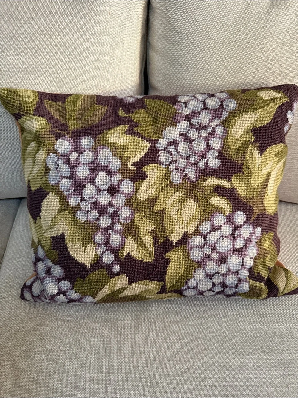 Hand made needle point pillow decorative accent GRAPES 🍇 Green and Purple Floral